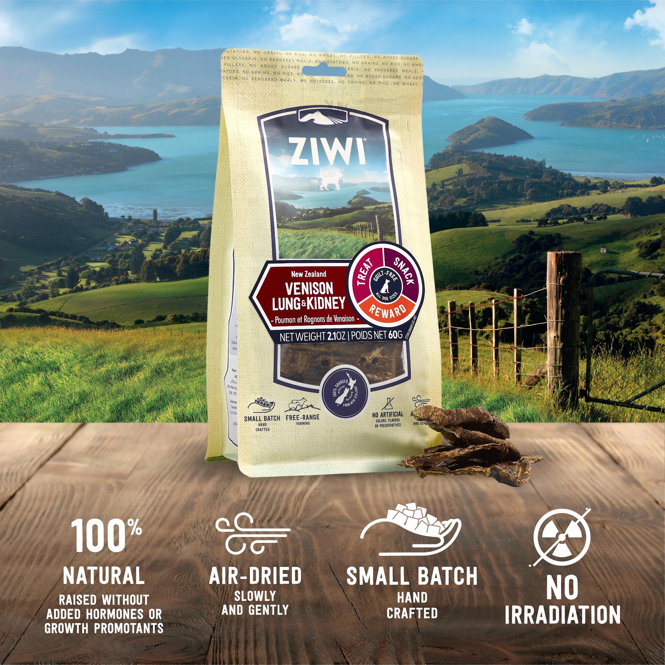 Ziwi's Venison Lung & Kidney Dog Treats, air-dried and ethically sourced from New Zealand, packed with protein and free from fillers and artificial additives.