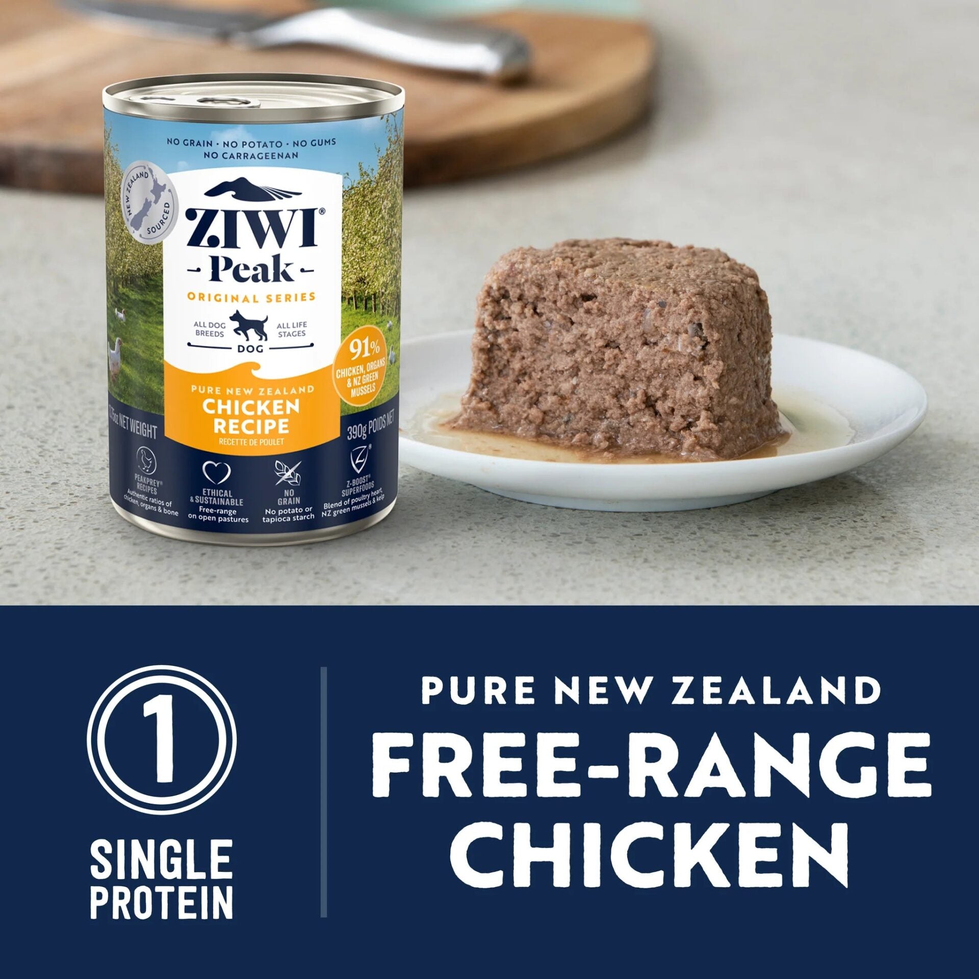 "ZIWIPEAK Wet Free-Range Chicken for Dogs - 91% Chicken & New Zealand Green Mussels."