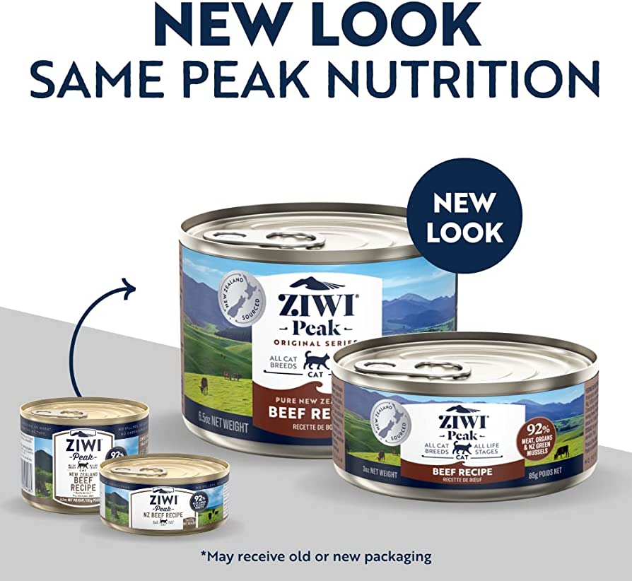 ZiwiPeak Wet Beef Recipe for Cats, made with 92% grass-fed, free-range beef and organs, enriched with New Zealand green mussels for optimal feline nutrition.