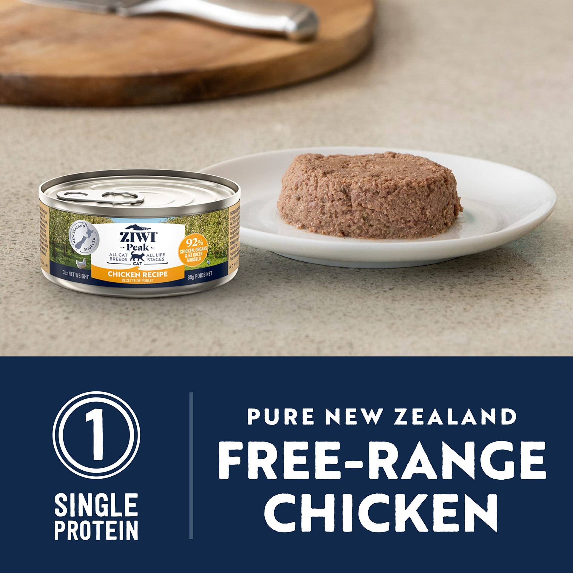 "ZIWIPEAK Wet Free-Range Chicken for Cats - 92% Chicken & New Zealand Green Mussels."
