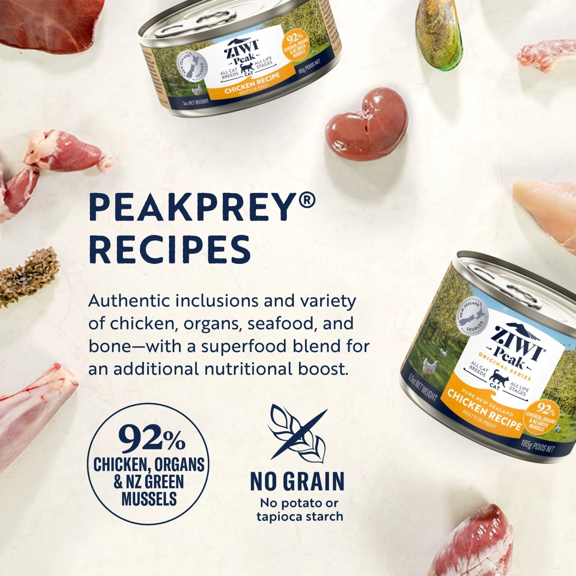 "ZIWIPEAK Wet Free-Range Chicken for Cats - 92% Chicken & New Zealand Green Mussels."