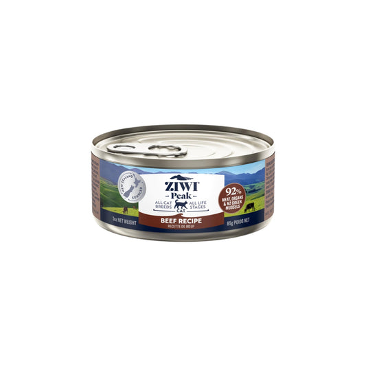 ZiwiPeak Wet Beef Recipe for Cats, made with 92% grass-fed, free-range beef and organs, enriched with New Zealand green mussels for optimal feline nutrition.