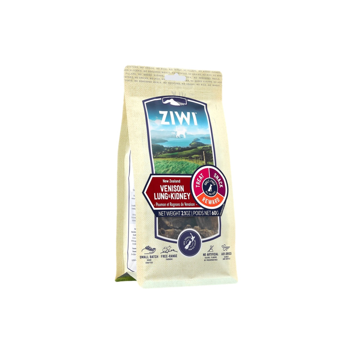 Ziwi's Venison Lung & Kidney Dog Treats, air-dried and ethically sourced from New Zealand, packed with protein and free from fillers and artificial additives.