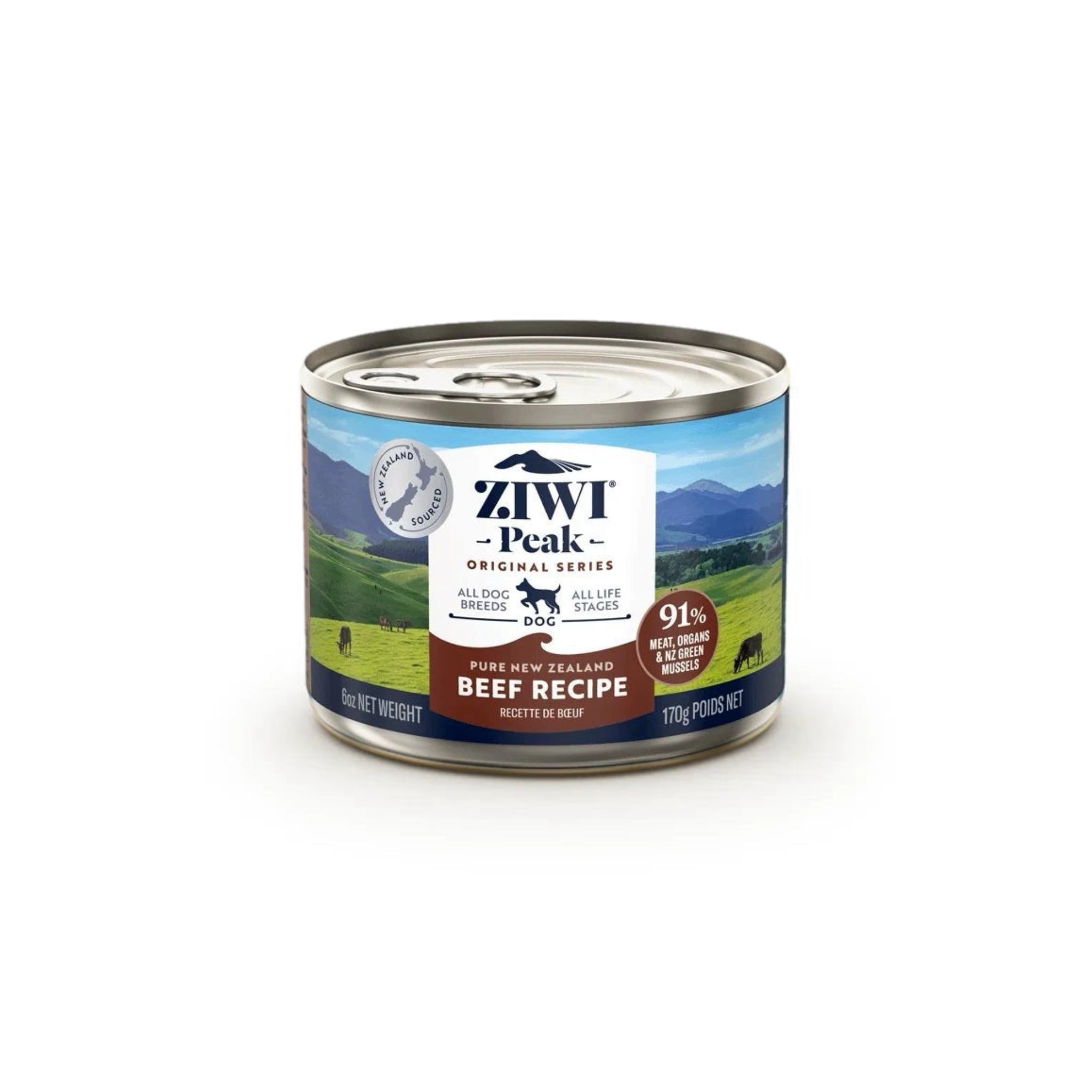 ZiwiPeak Wet Beef Recipe for Dogs, made with 91% grass-fed, free-range beef and organs, enriched with New Zealand green mussels for optimal canine nutrition.