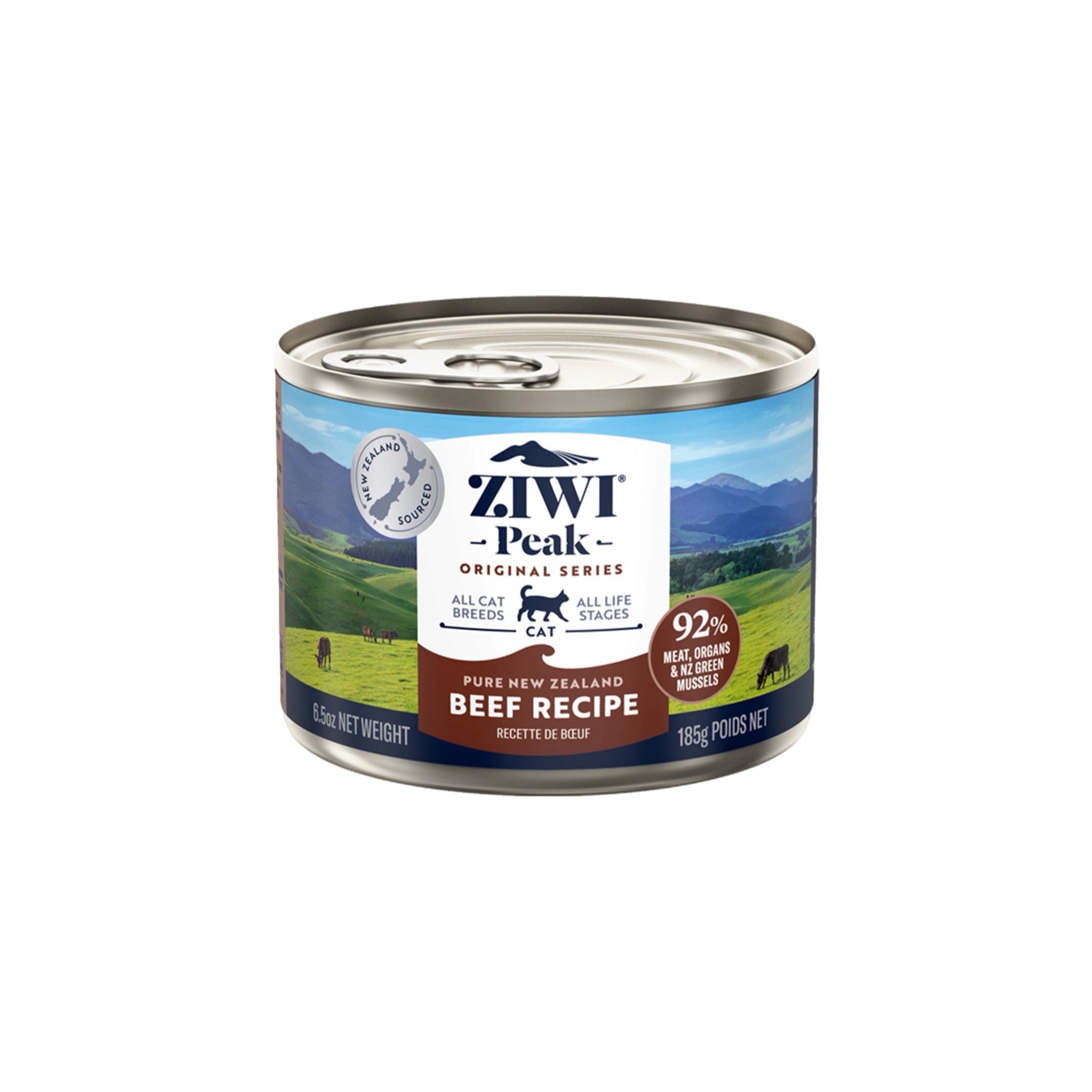 ZiwiPeak Wet Beef Recipe for Cats, made with 92% grass-fed, free-range beef and organs, enriched with New Zealand green mussels for optimal feline nutrition.