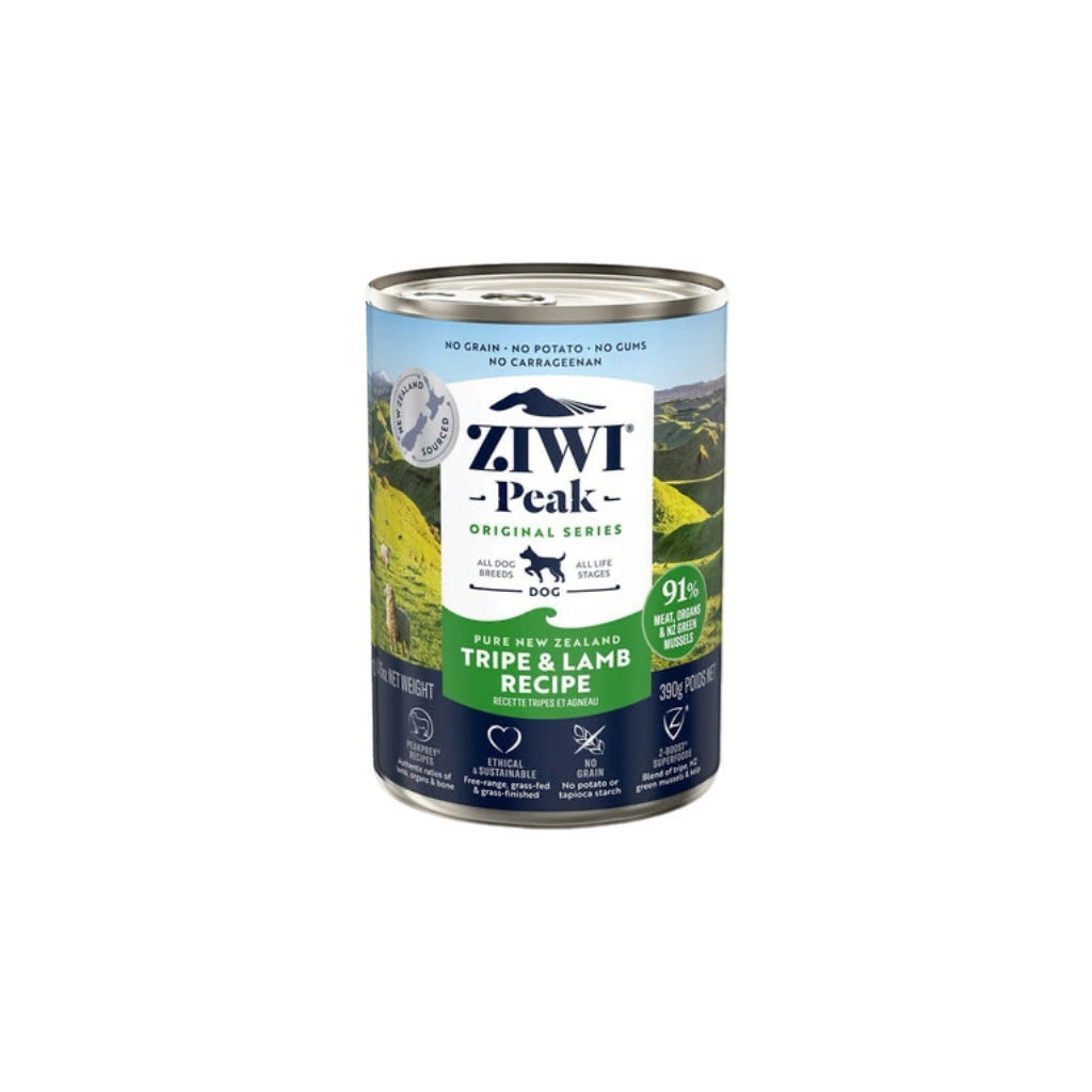 Ziwi Peak Wet Tripe & Lamb Recipe for Dogs Can – Showcasing the premium ingredients like tripe and lamb, emphasizing its rich texture and nutritional benefits.