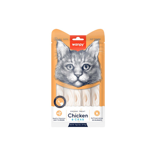 "Wanpy Creamy Lickable Treats Chicken & Crab: Natural, preservative-free cat treat with chicken fillet and crab meat, ideal for all cats, including kittens from 3 months."