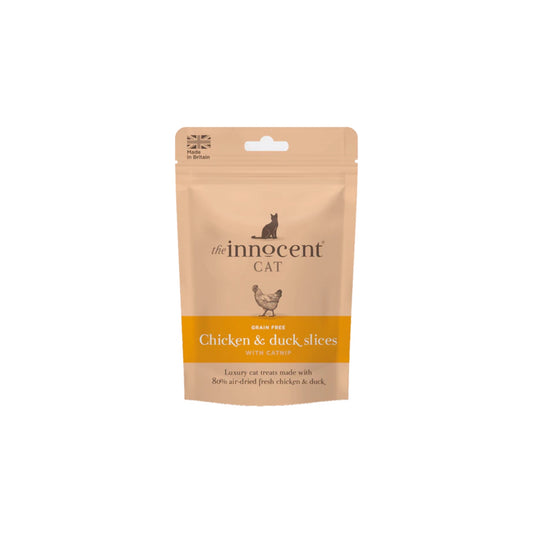 Innocent Cat Treats with 40% British duck and chicken, hypoallergenic, enriched with catnip, perfect for fussy felines seeking luxury.