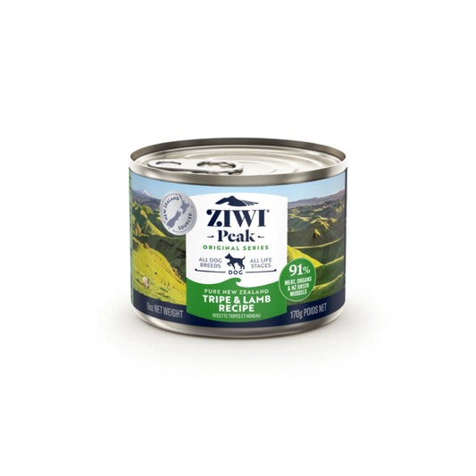 Ziwi Peak Wet Tripe & Lamb Recipe for Dogs Can – Showcasing the premium ingredients like tripe and lamb, emphasizing its rich texture and nutritional benefits.