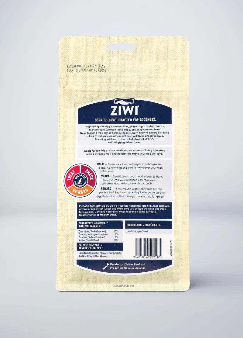 Ziwi Peak's Lamb Tripe chew, made from 100% New Zealand free-range, grass-fed lamb, offering unique texture and flavor for dogs.