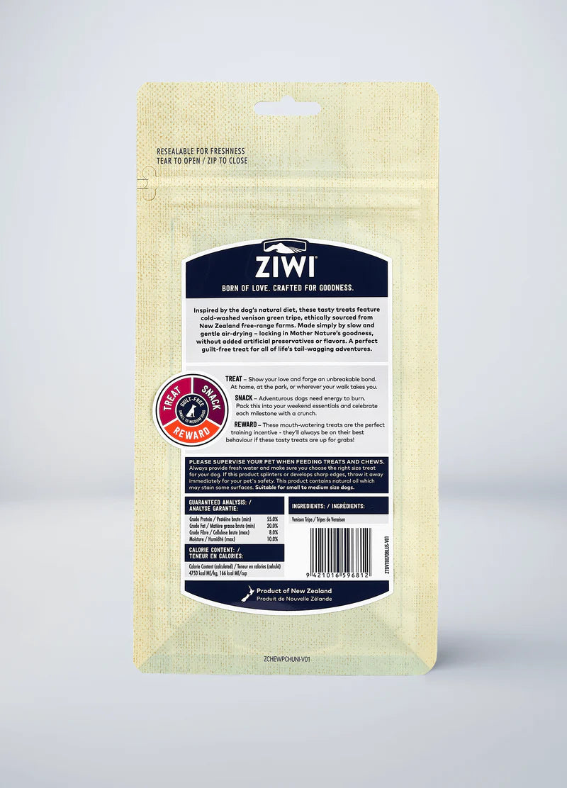 Treat your dog to Ziwi Venison Green Tripe: 100% free-range New Zealand venison tripe, air-dried for flavor without artificial additives!