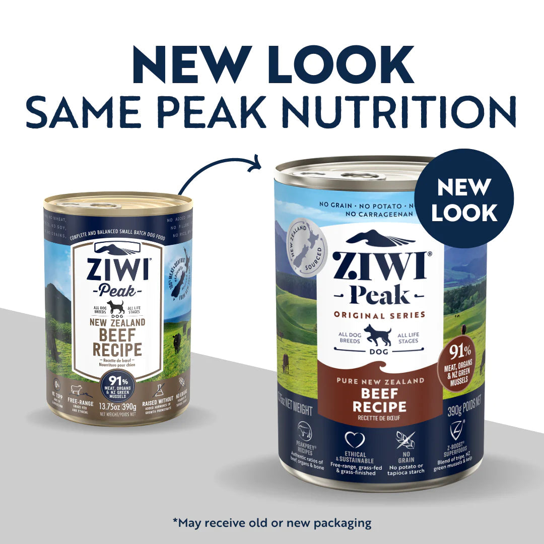 ZiwiPeak Wet Beef Recipe for Dogs, made with 91% grass-fed, free-range beef and organs, enriched with New Zealand green mussels for optimal canine nutrition.