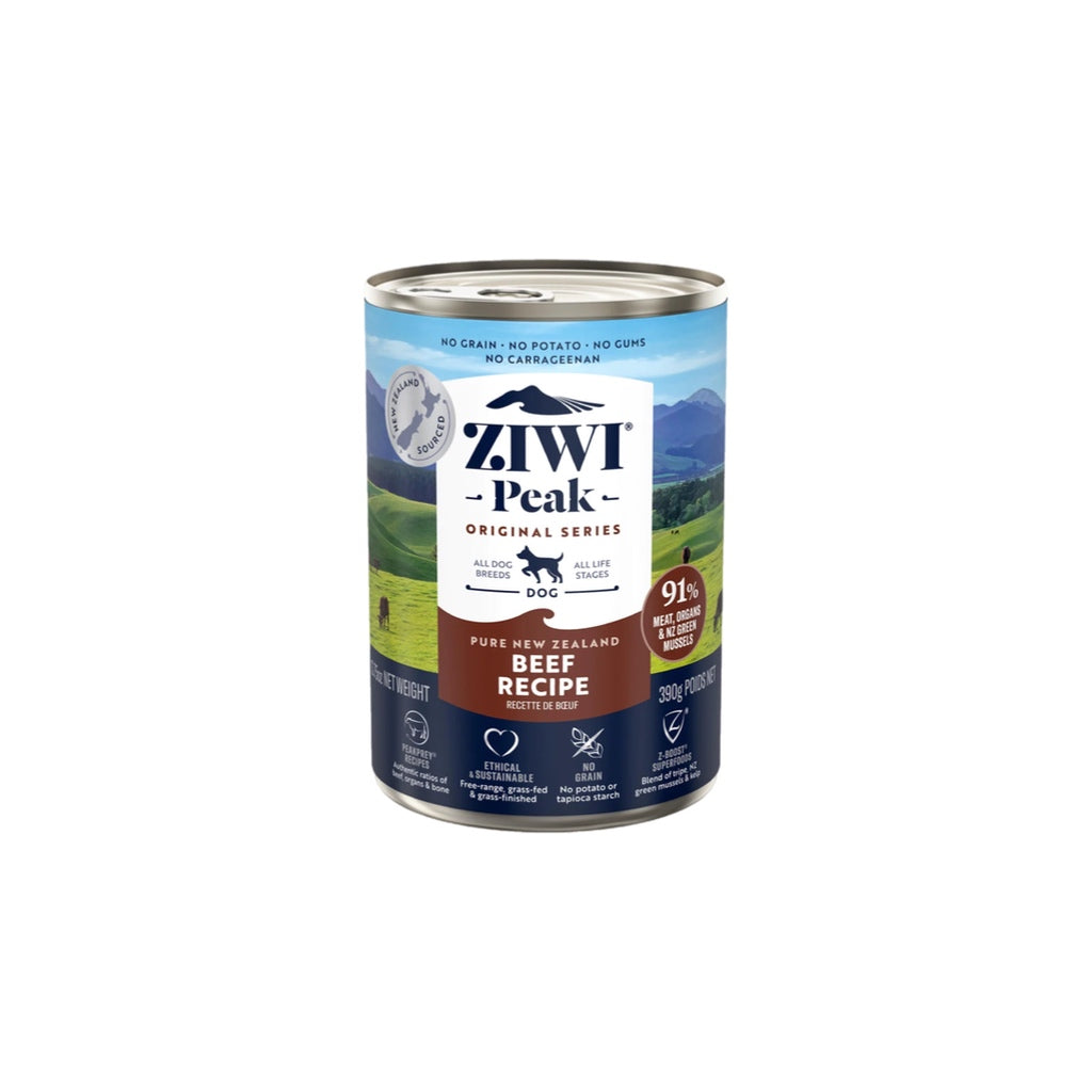 ZiwiPeak Wet Beef Recipe for Dogs, made with 91% grass-fed, free-range beef and organs, enriched with New Zealand green mussels for optimal canine nutrition.