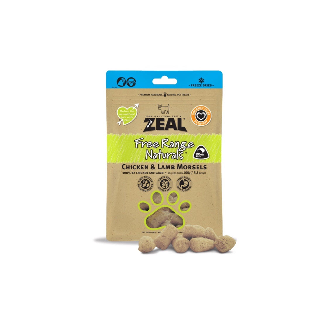 Zeal Freeze Dried Chicken & Lamb Morsels pet treats in a resealable pouch."